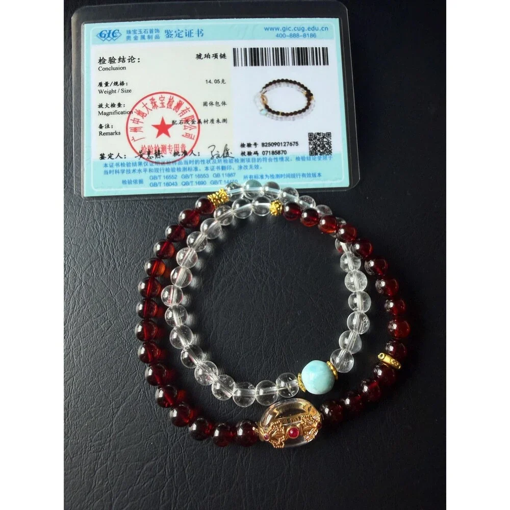Natural Blood Amber crystal Double Wrap Bracelet Aquamarine Pixiu Charm16cm